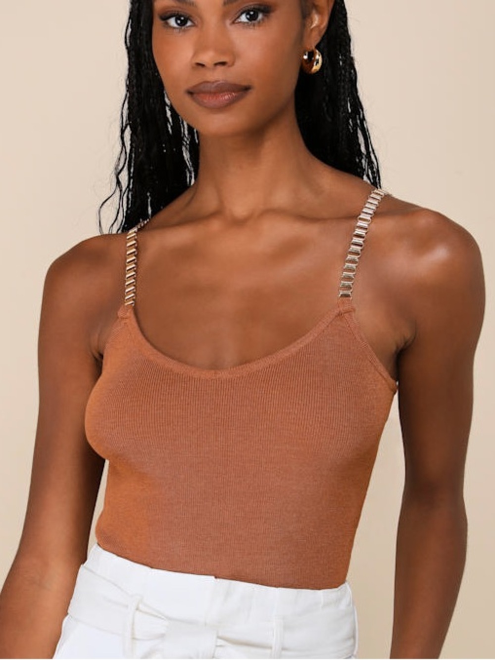 Lulus Light Brown Sweater Knit Chain Strap Tank Top!